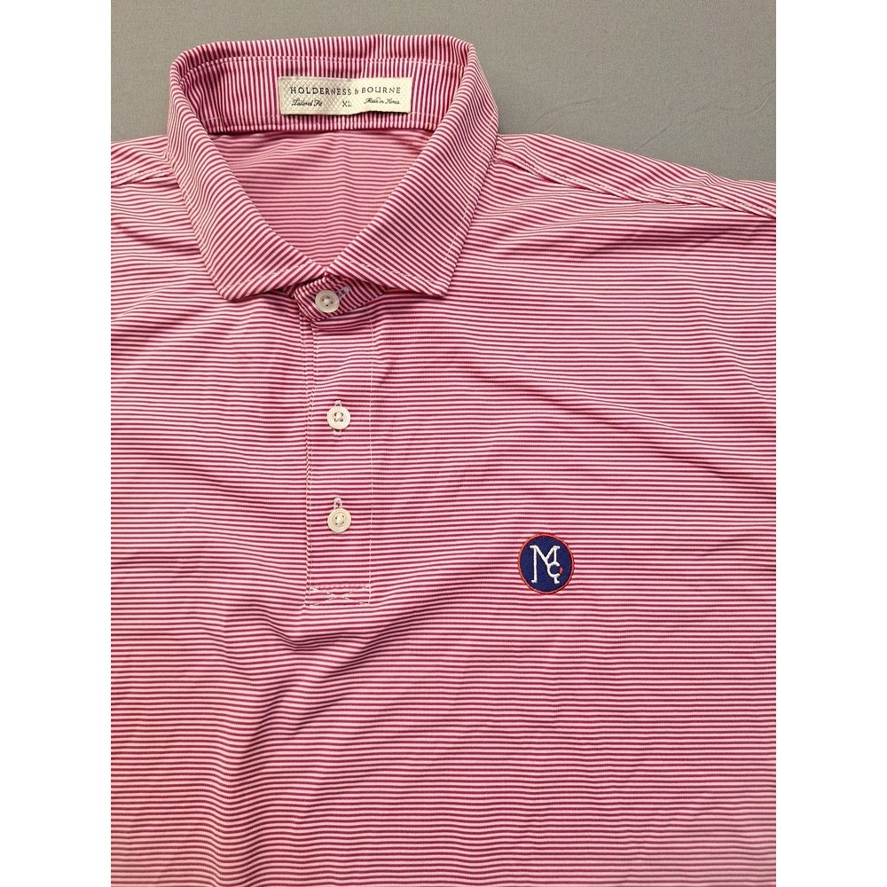 Holderness & Bourne Mens XL Golf Polo Shirt‎ Tailored Fit Red Striped Preppy